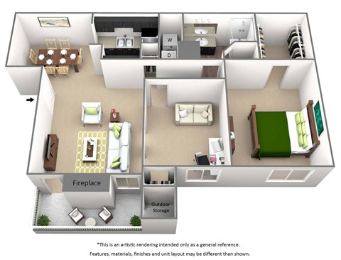 1 bedroom floor plan with den at The Willows on Rosemeade, Dallas, Texas 75287